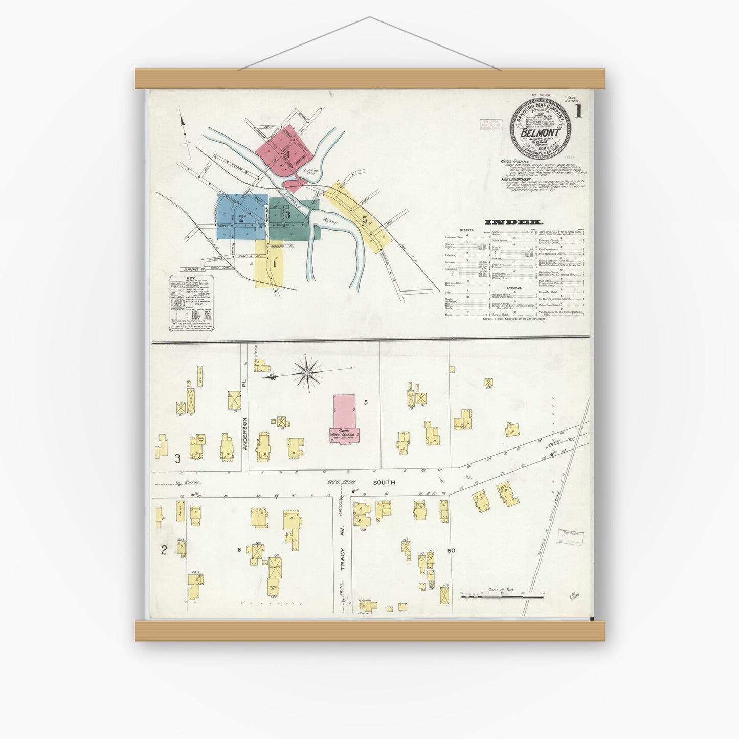 Old map wall art mockup — magnetic wood frame on white wall — Sanborn Fire Insurance Map from Belmont, Allegany County, New York (1909) - Complete Map Set