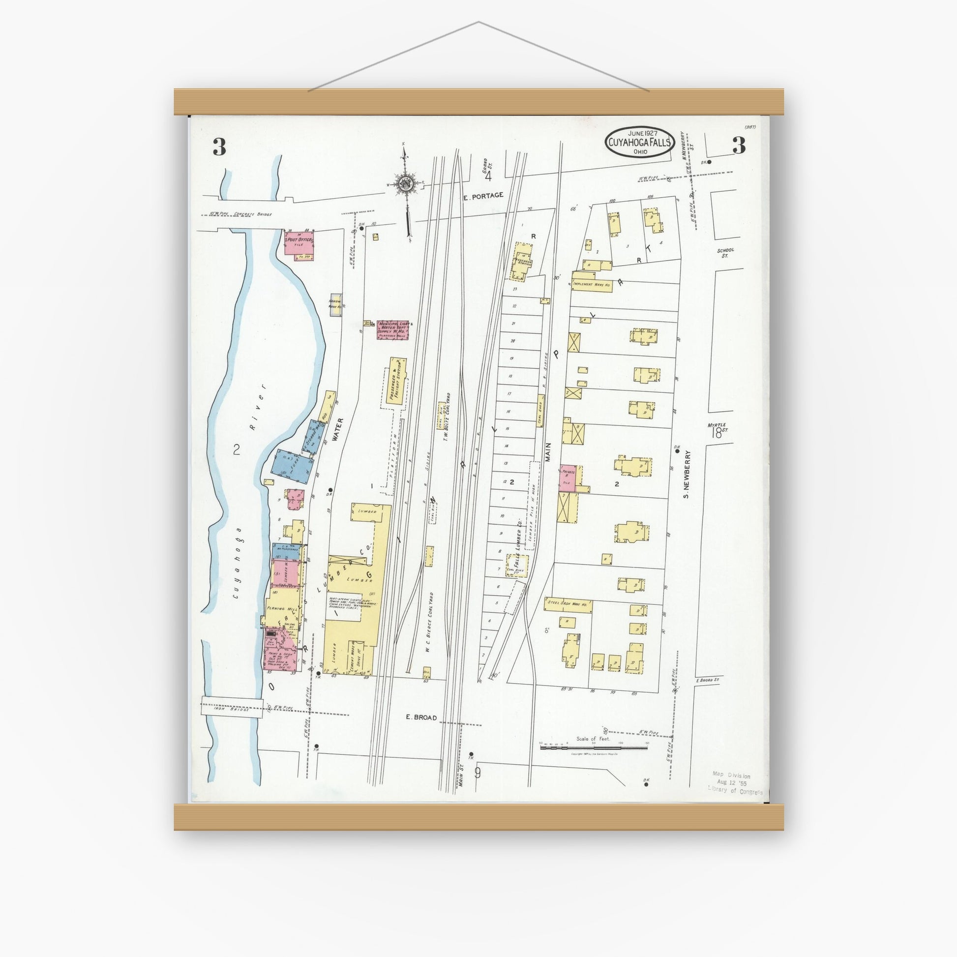 Old map wall art mockup — magnetic wood frame on white wall — Sanborn Fire Insurance Map from Cuyahoga Falls, Summit County, Ohio (1927), Sheet #0003