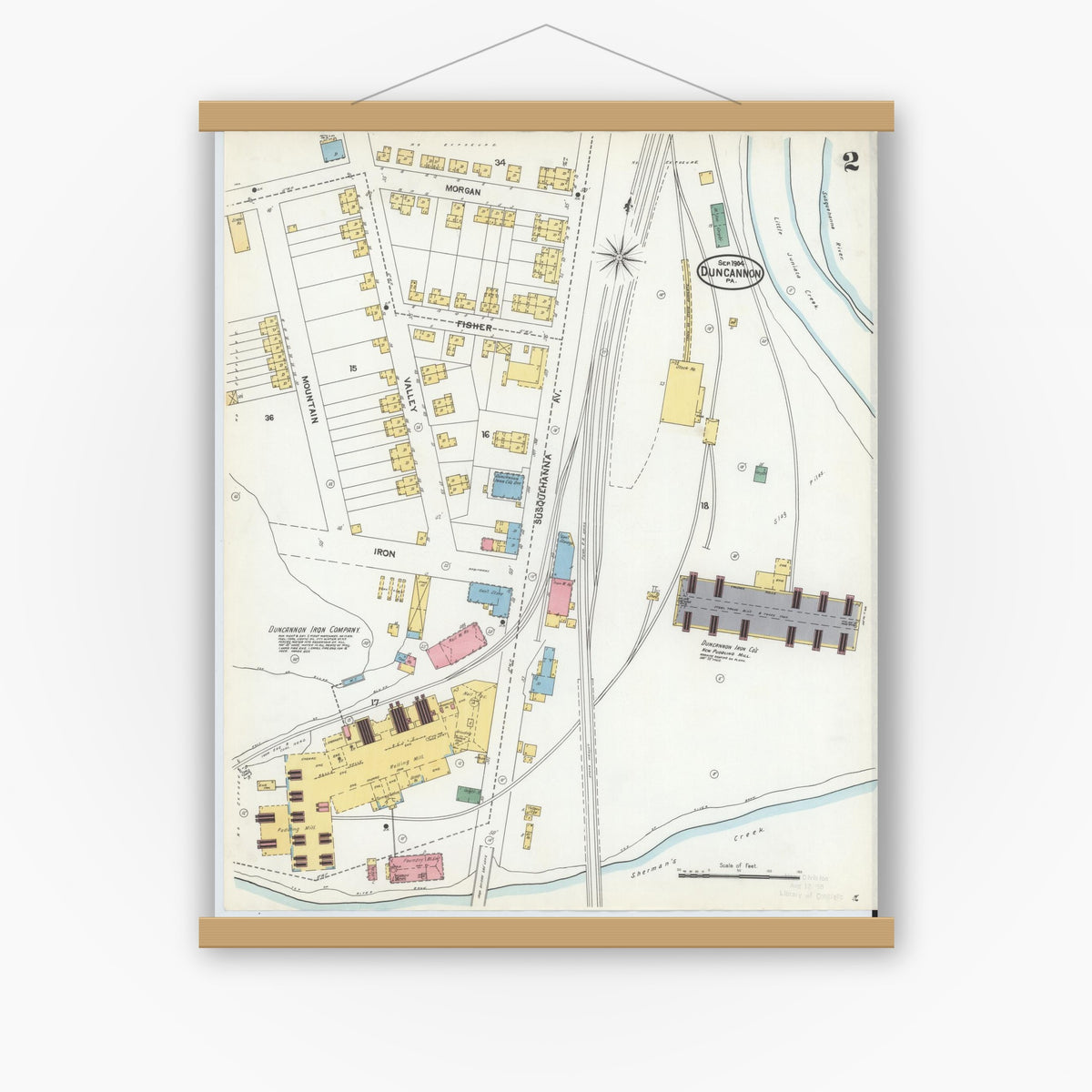 Old map wall art mockup — magnetic wood frame on white wall — Sanborn Fire Insurance Map from Duncannon, Perry County, Pennsylvania (1904), Sheet #0002