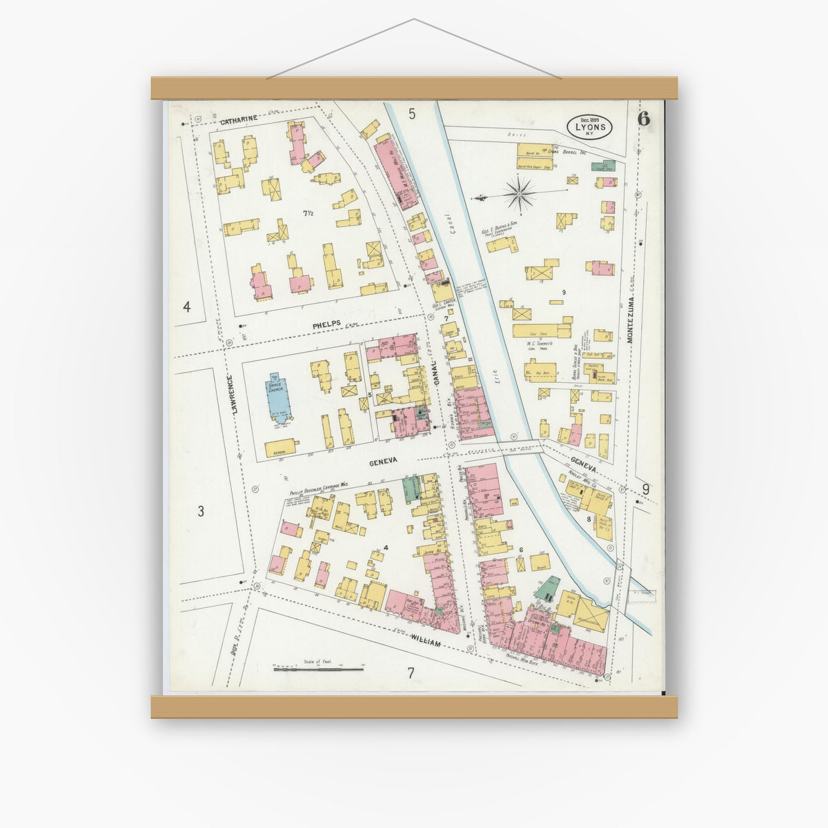 Old map wall art mockup — magnetic wood frame on white wall — Sanborn Fire Insurance Map from Lyons, Wayne County, New York (1899), Sheet #0006