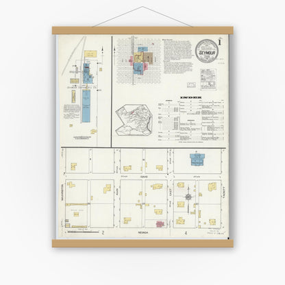 Old map wall art mockup — magnetic wood frame on white wall — Sanborn Fire Insurance Map from Seymour, Baylor County, Texas (1916), Sheet #0001