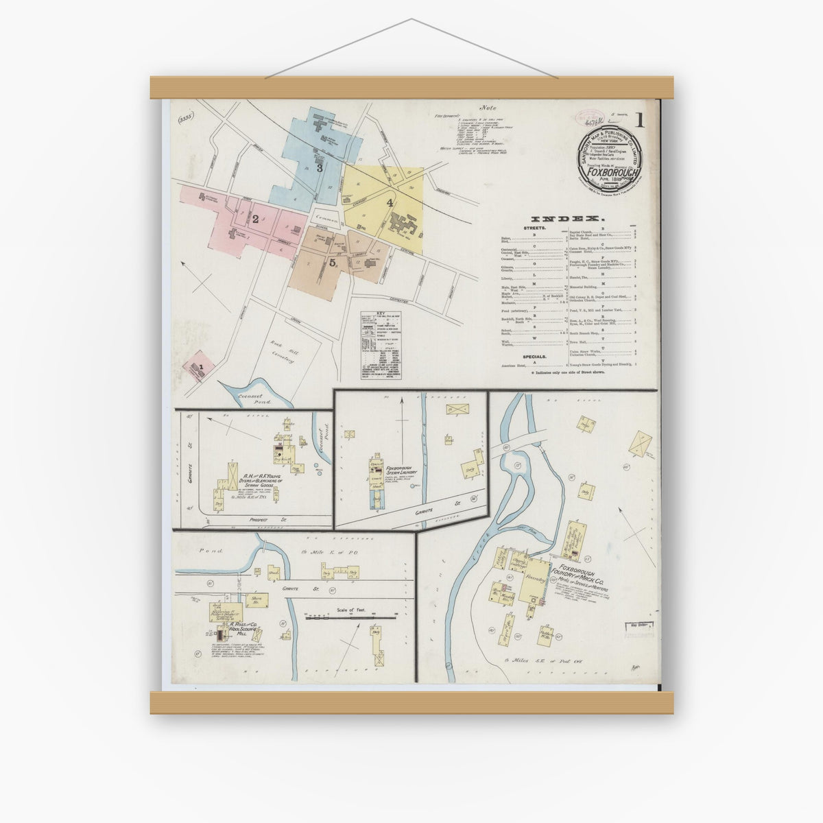 Old map wall art mockup — magnetic wood frame on white wall — Sanborn Fire Insurance Map from Foxboro, Norfolk County, Massachusetts (1889), Sheet #0001