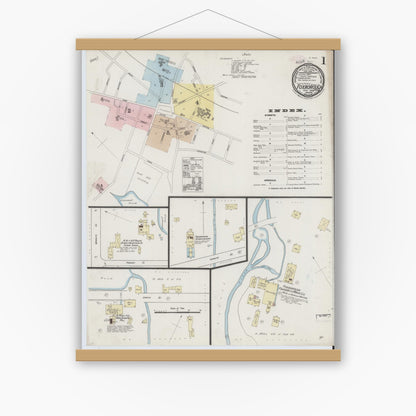Old map wall art mockup — magnetic wood frame on white wall — Sanborn Fire Insurance Map from Foxboro, Norfolk County, Massachusetts (1889), Sheet #0001