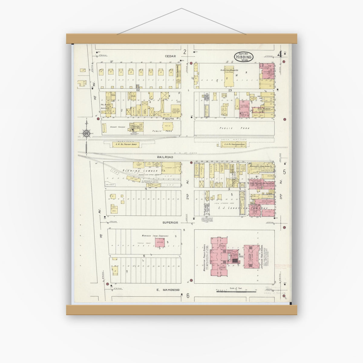 Old map wall art mockup — magnetic wood frame on white wall — Sanborn Fire Insurance Map from Hibbing, Saint Louis County, Minnesota (1913), Sheet #0004