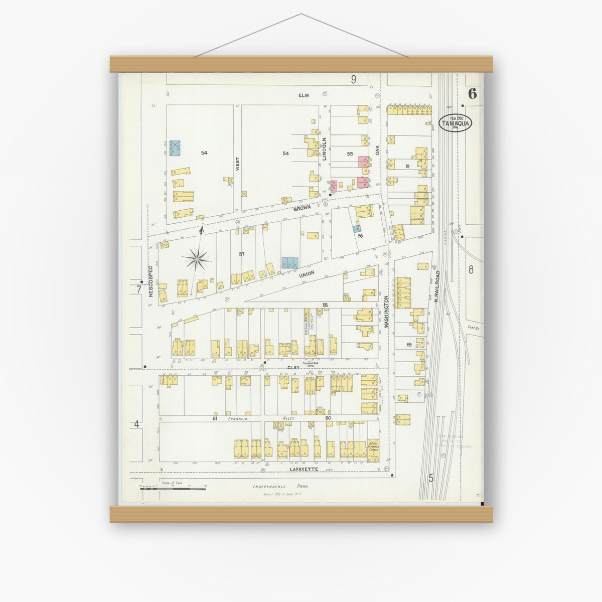 Old map wall art mockup — magnetic wood frame on white wall — Sanborn Fire Insurance Map from Tamaqua, Schuylkill County, Pennsylvania (1902), Sheet #0006