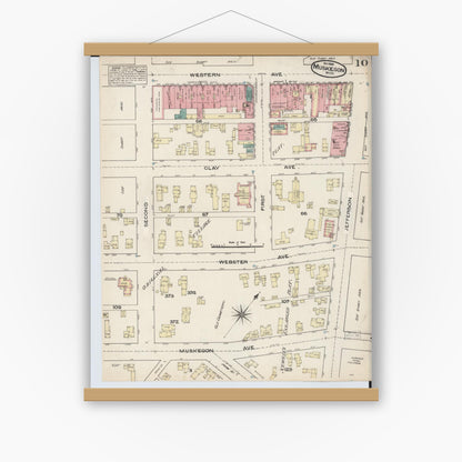 Old map wall art mockup — magnetic wood frame on white wall — Sanborn Fire Insurance Map from Muskegon, Muskegon County, Michigan (1883), Sheet #0010