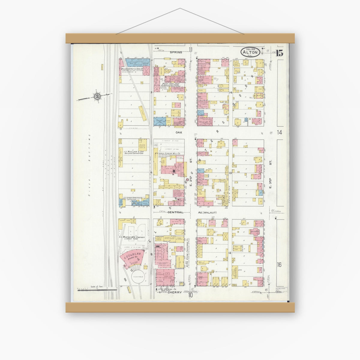 Old map wall art mockup — magnetic wood frame on white wall — Sanborn Fire Insurance Map from Alton, Madison County, Illinois (1915), Sheet #0015