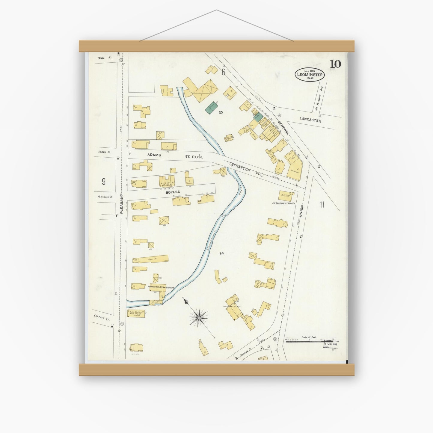 Old map wall art mockup — magnetic wood frame on white wall — Sanborn Fire Insurance Map from Leominster, Worcester County, Massachusetts (1906), Sheet #0010
