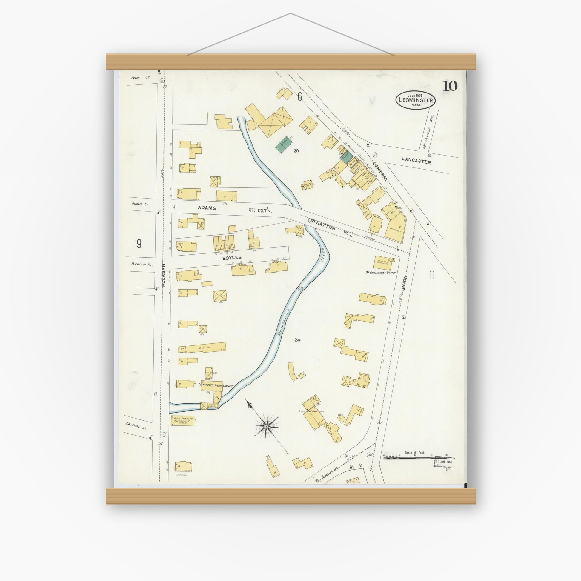 Old map wall art mockup — magnetic wood frame on white wall — Sanborn Fire Insurance Map from Leominster, Worcester County, Massachusetts (1906), Sheet #0010