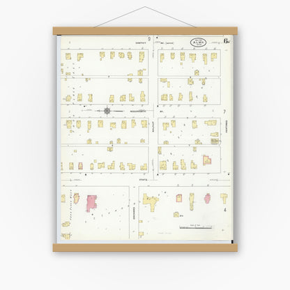 Old map wall art mockup — magnetic wood frame on white wall — Sanborn Fire Insurance Map from Alma, Gratiot County, Michigan (1910), Sheet #0006