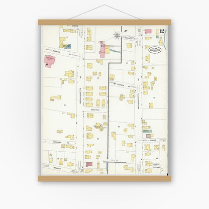 Old map wall art mockup — magnetic wood frame on white wall — Sanborn Fire Insurance Map from Arlington, Middlesex County, Massachusetts (1908), Sheet #0012