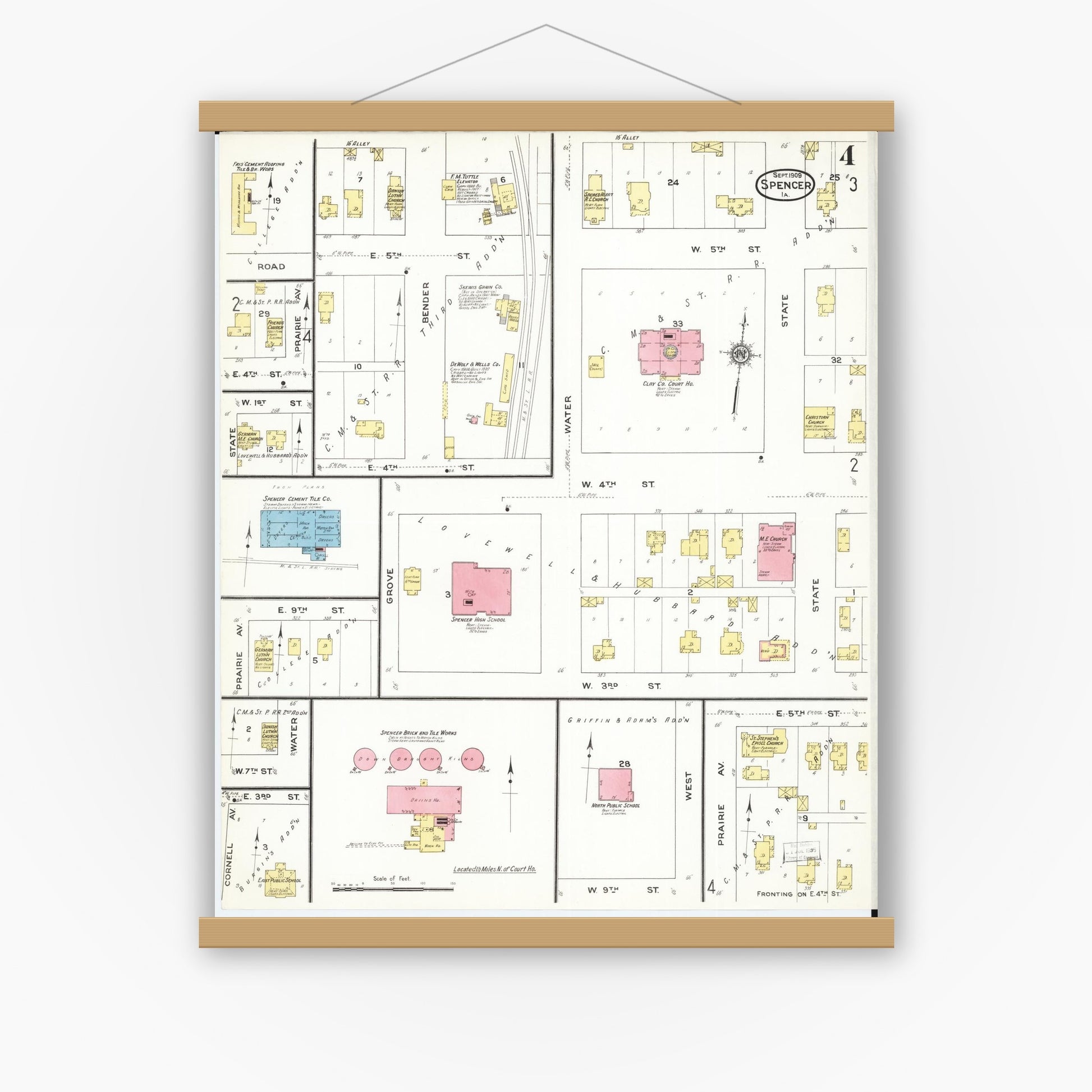 Old map wall art mockup — magnetic wood frame on white wall — Sanborn Fire Insurance Map from Spencer, Clay County, Iowa (1909), Sheet #0004