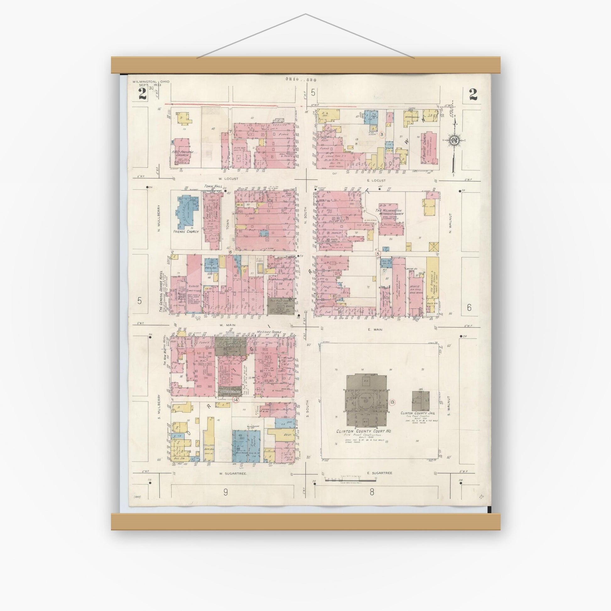 Old map wall art mockup — magnetic wood frame on white wall — Sanborn Fire Insurance Map from Wilmington, Clinton County, Ohio (1949), Sheet #0002