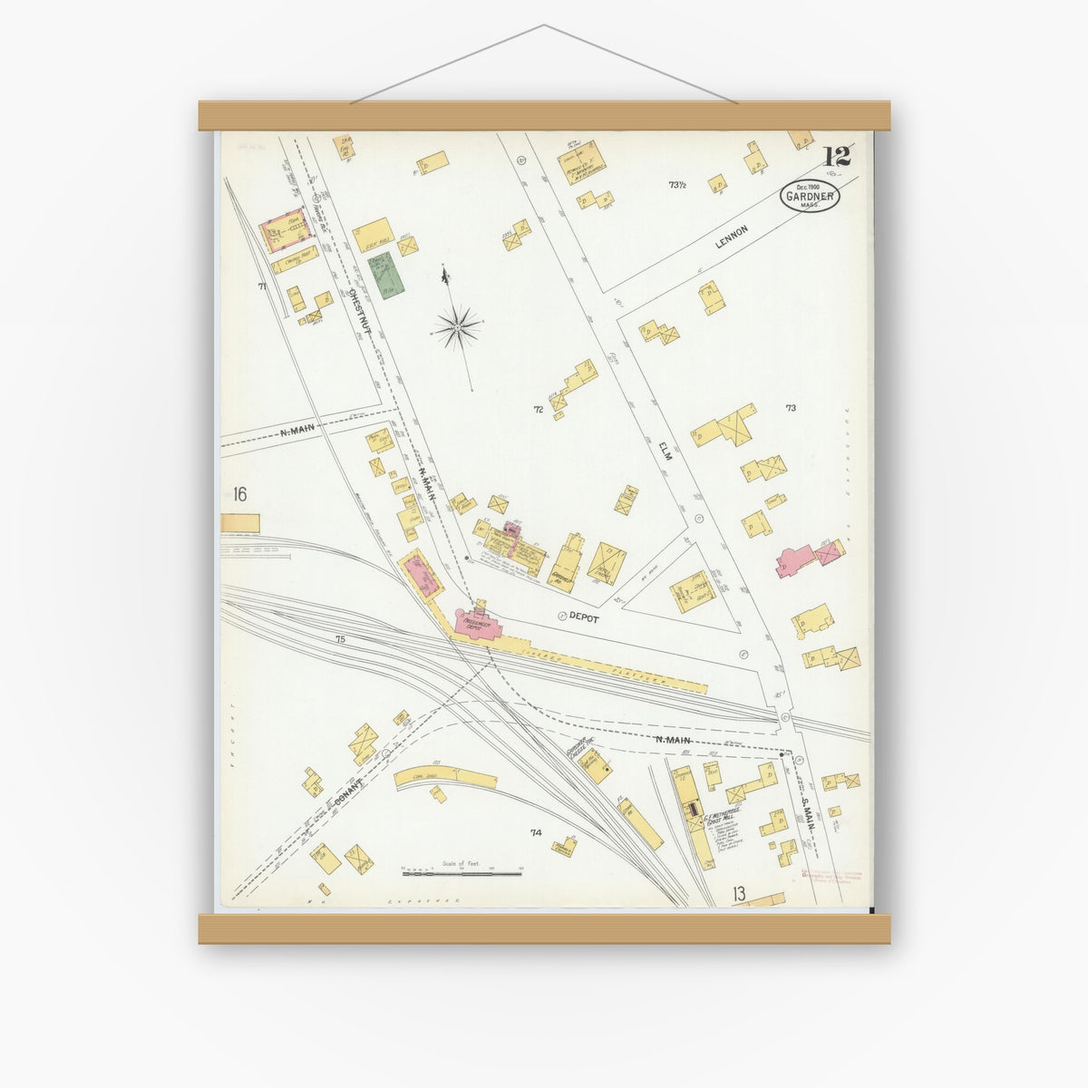 Old map wall art mockup — magnetic wood frame on white wall — Sanborn Fire Insurance Map from Gardner, Worcester County, Massachusetts (1900), Sheet #0012
