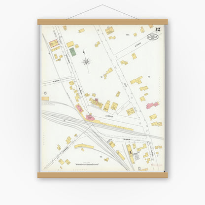Old map wall art mockup — magnetic wood frame on white wall — Sanborn Fire Insurance Map from Gardner, Worcester County, Massachusetts (1900), Sheet #0012