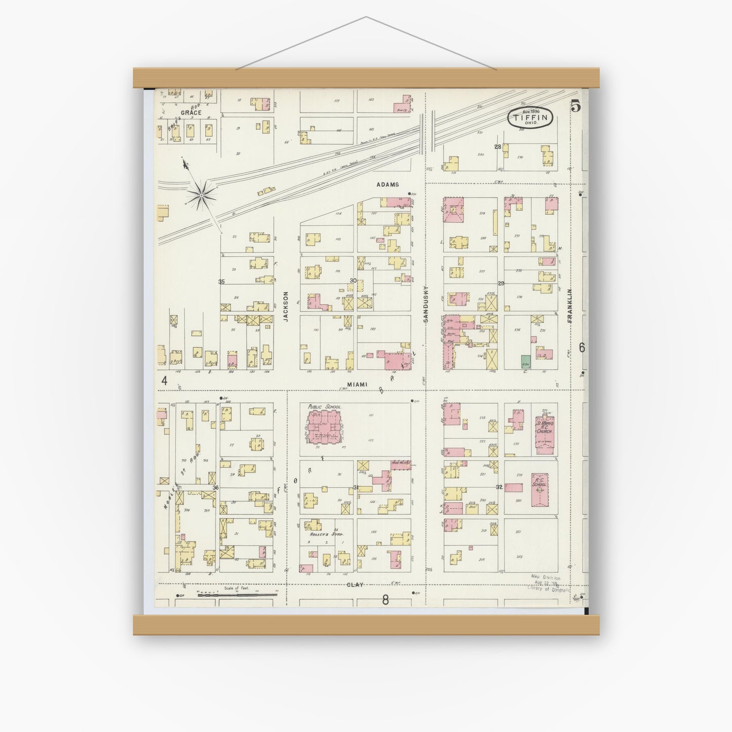 Old map wall art mockup — magnetic wood frame on white wall — Sanborn Fire Insurance Map from Tiffin, Seneca County, Ohio (1896), Sheet #0005