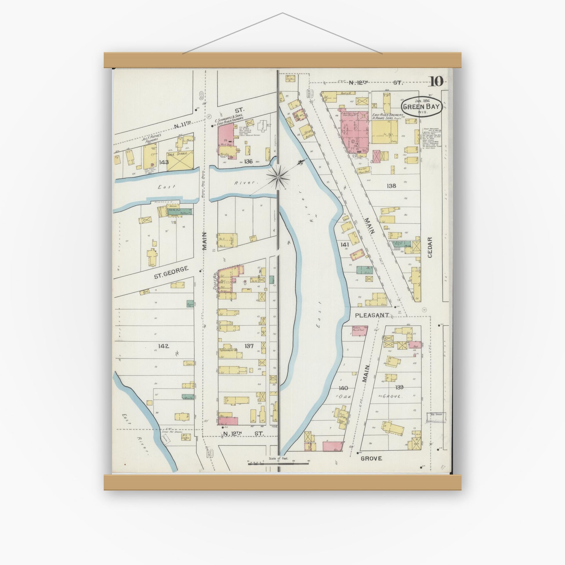 Old map wall art mockup — magnetic wood frame on white wall — Sanborn Fire Insurance Map from Green Bay, Brown County, Wisconsin (1894), Sheet #0010