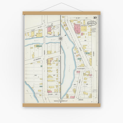 Old map wall art mockup — magnetic wood frame on white wall — Sanborn Fire Insurance Map from Green Bay, Brown County, Wisconsin (1894), Sheet #0010