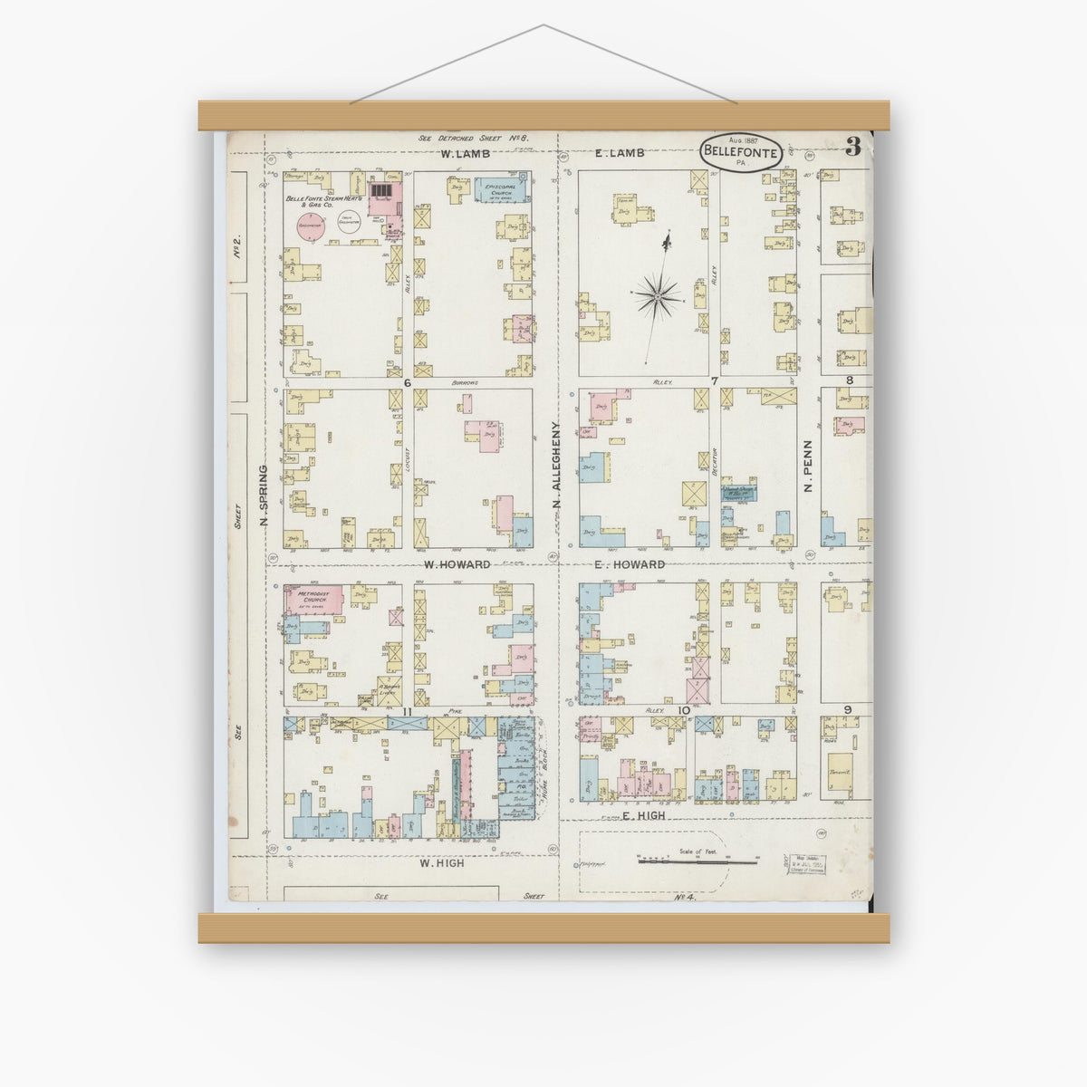 Old map wall art mockup — magnetic wood frame on white wall — Sanborn Fire Insurance Map from Bellefonte, Centre County, Pennsylvania (1887), Sheet #0003