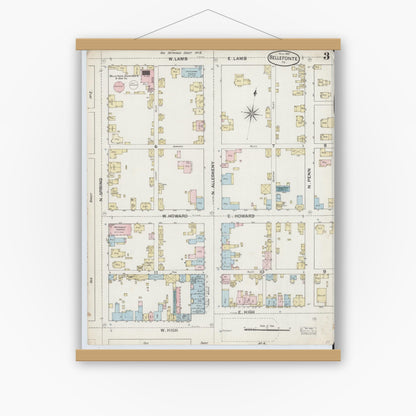 Old map wall art mockup — magnetic wood frame on white wall — Sanborn Fire Insurance Map from Bellefonte, Centre County, Pennsylvania (1887), Sheet #0003