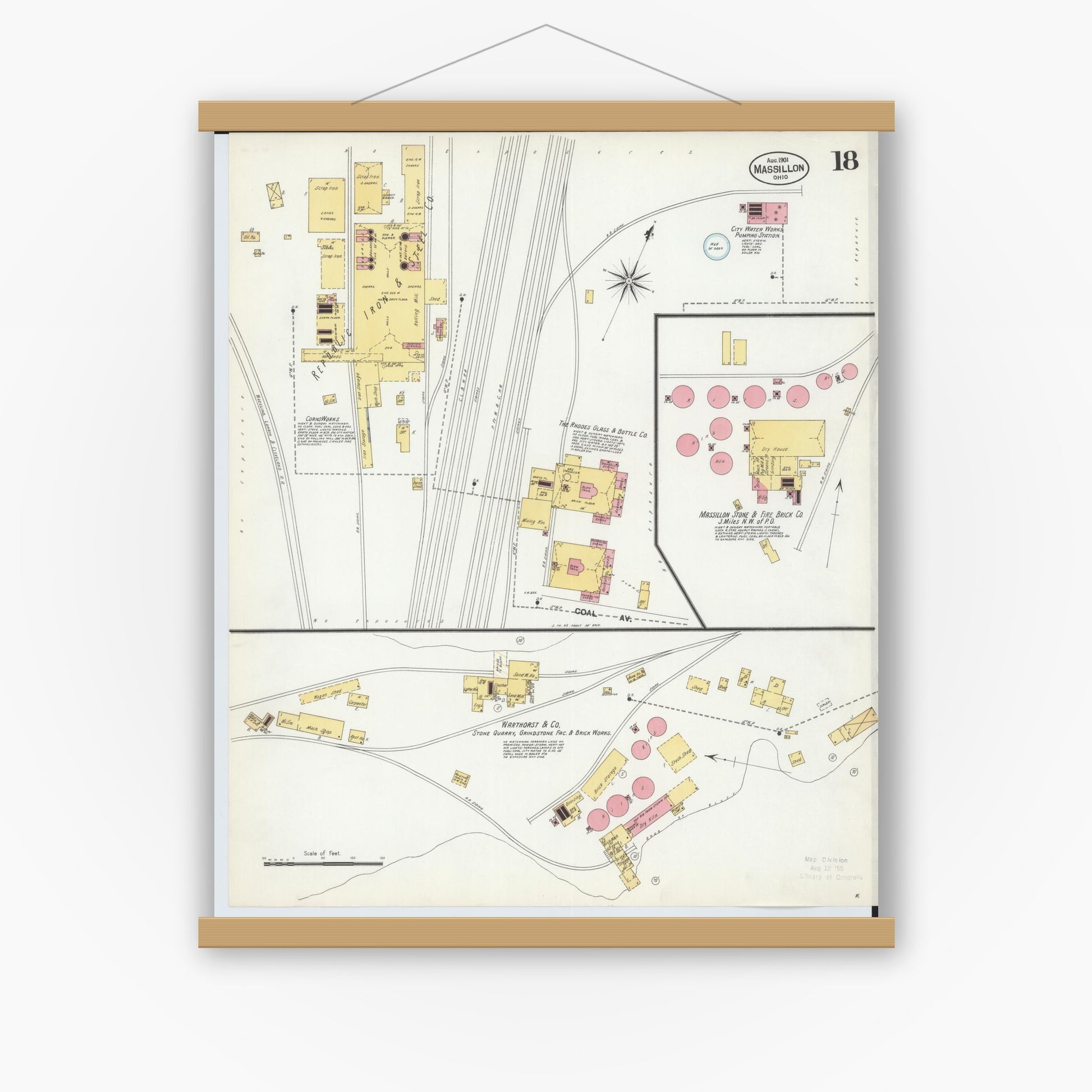 Old map wall art mockup — magnetic wood frame on white wall — Sanborn Fire Insurance Map from Massillon, Stark County, Ohio (1901), Sheet #0018