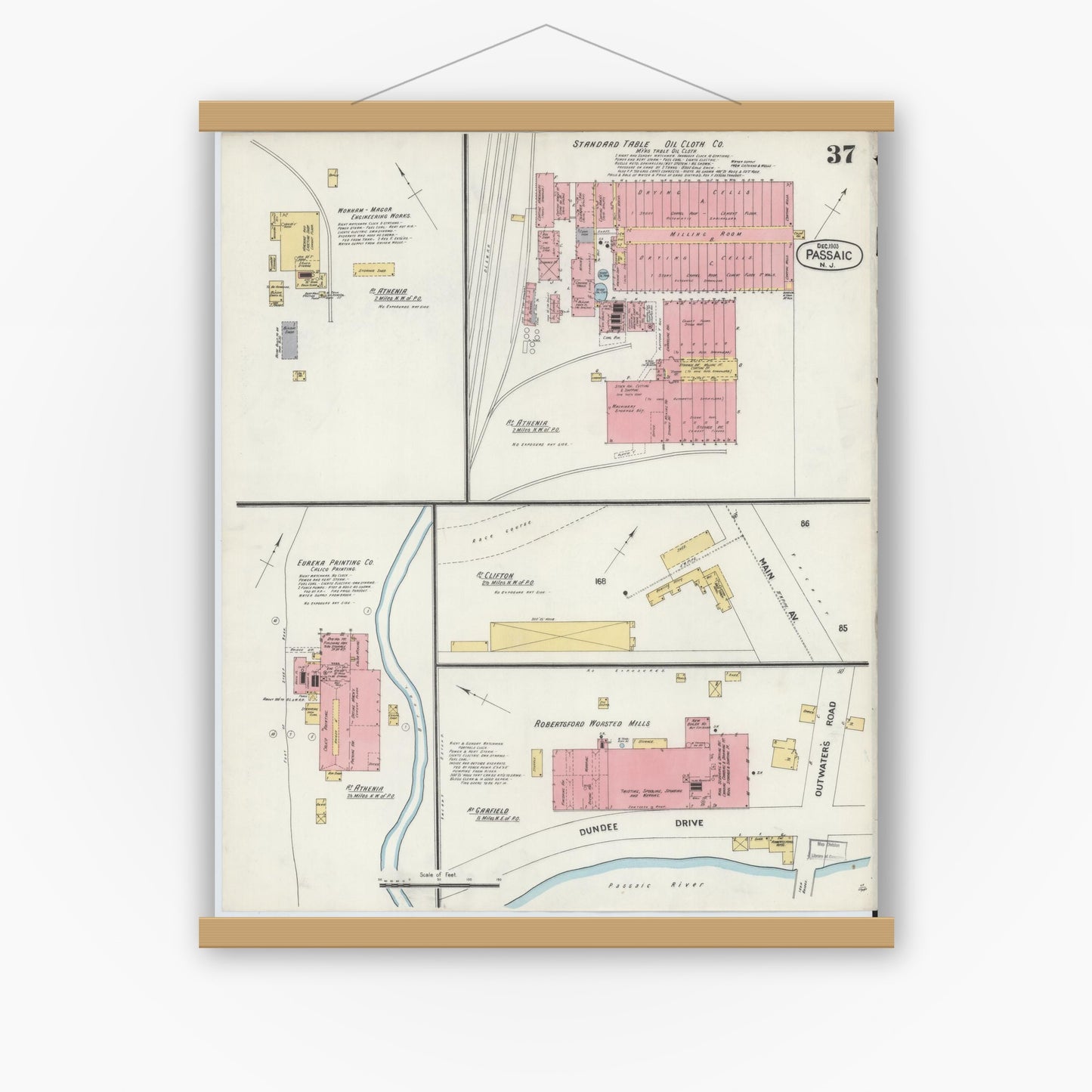 Old map wall art mockup — magnetic wood frame on white wall — Sanborn Fire Insurance Map from Passaic, Passaic County, New Jersey (1903), Sheet #0037