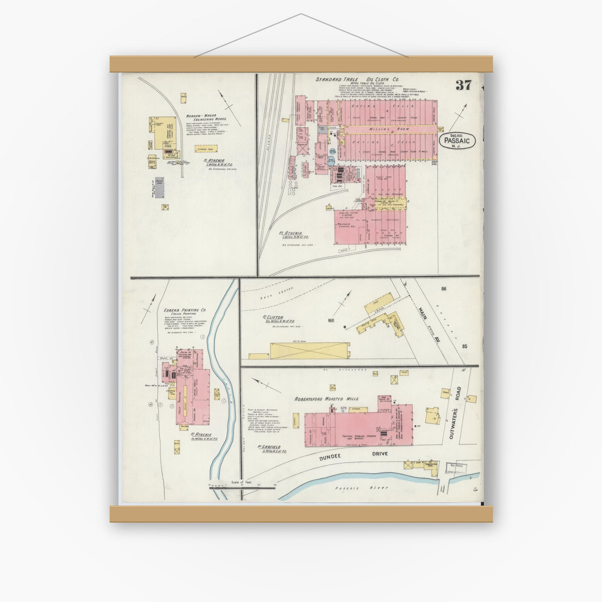 Old map wall art mockup — magnetic wood frame on white wall — Sanborn Fire Insurance Map from Passaic, Passaic County, New Jersey (1903), Sheet #0037