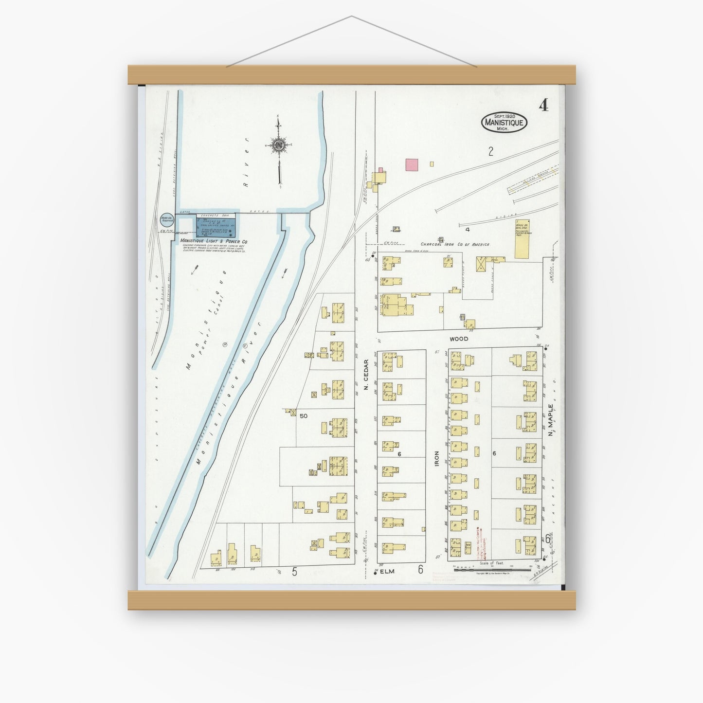 Old map wall art mockup — magnetic wood frame on white wall — Sanborn Fire Insurance Map from Manistique, Schoolcraft County, Michigan (1920), Sheet #0004