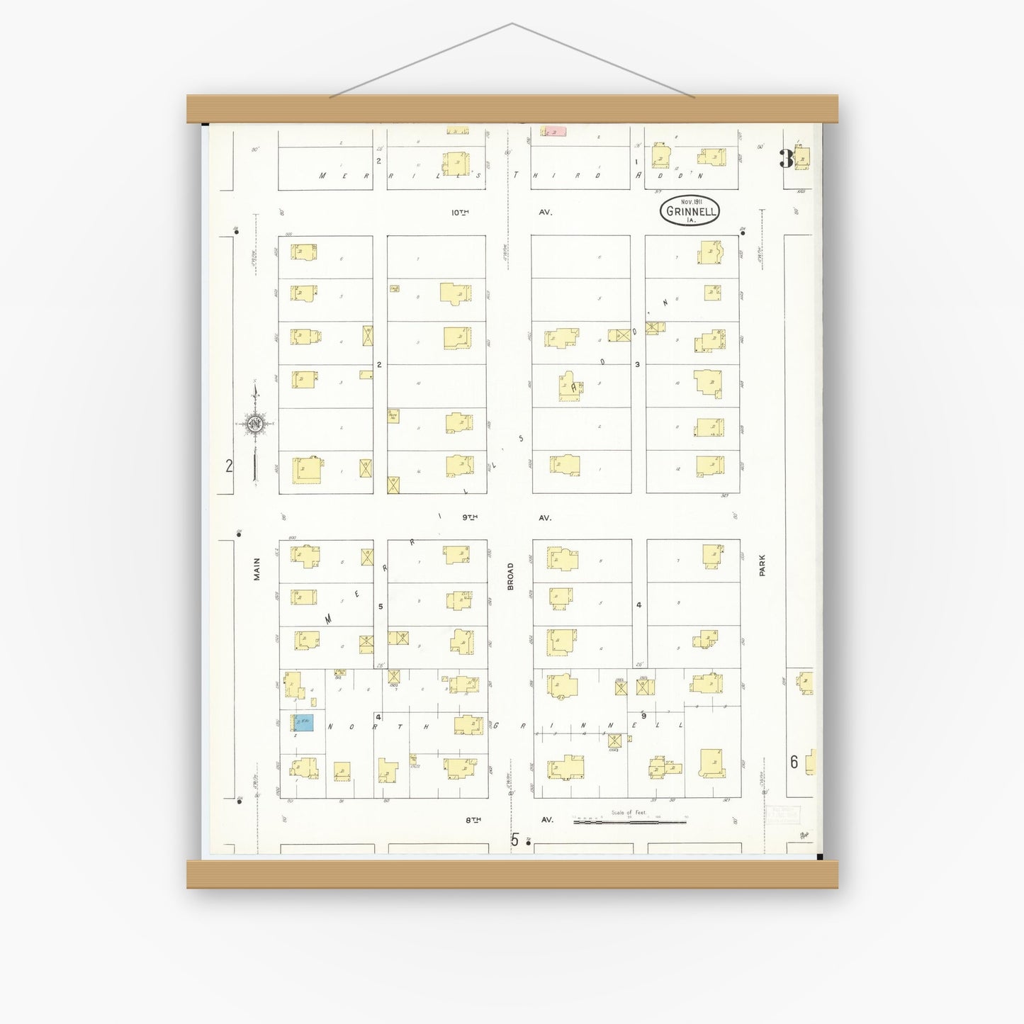 Old map wall art mockup — magnetic wood frame on white wall — Sanborn Fire Insurance Map from Grinnell, Poweshiek County, Iowa (1911), Sheet #0003