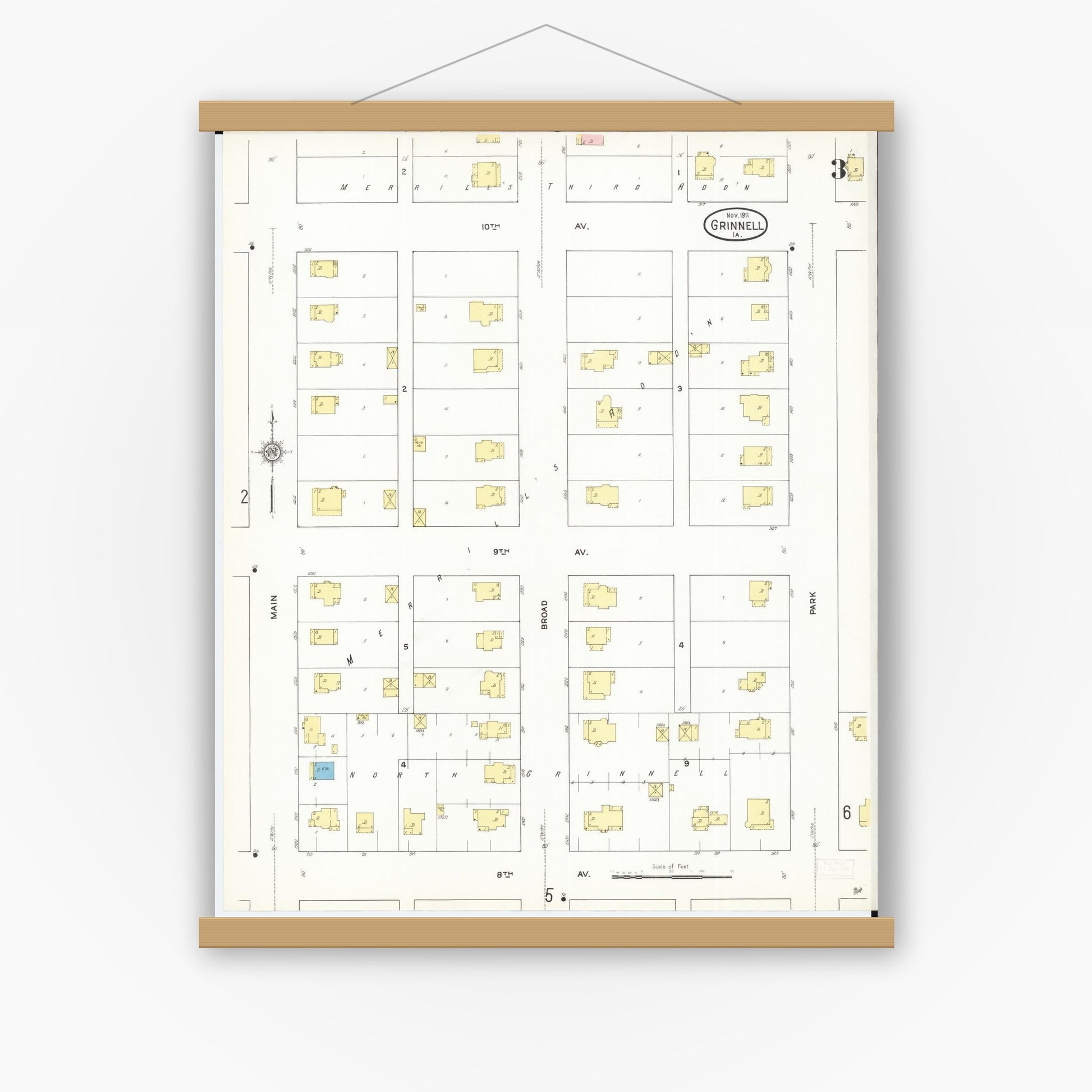 Old map wall art mockup — magnetic wood frame on white wall — Sanborn Fire Insurance Map from Grinnell, Poweshiek County, Iowa (1911), Sheet #0003
