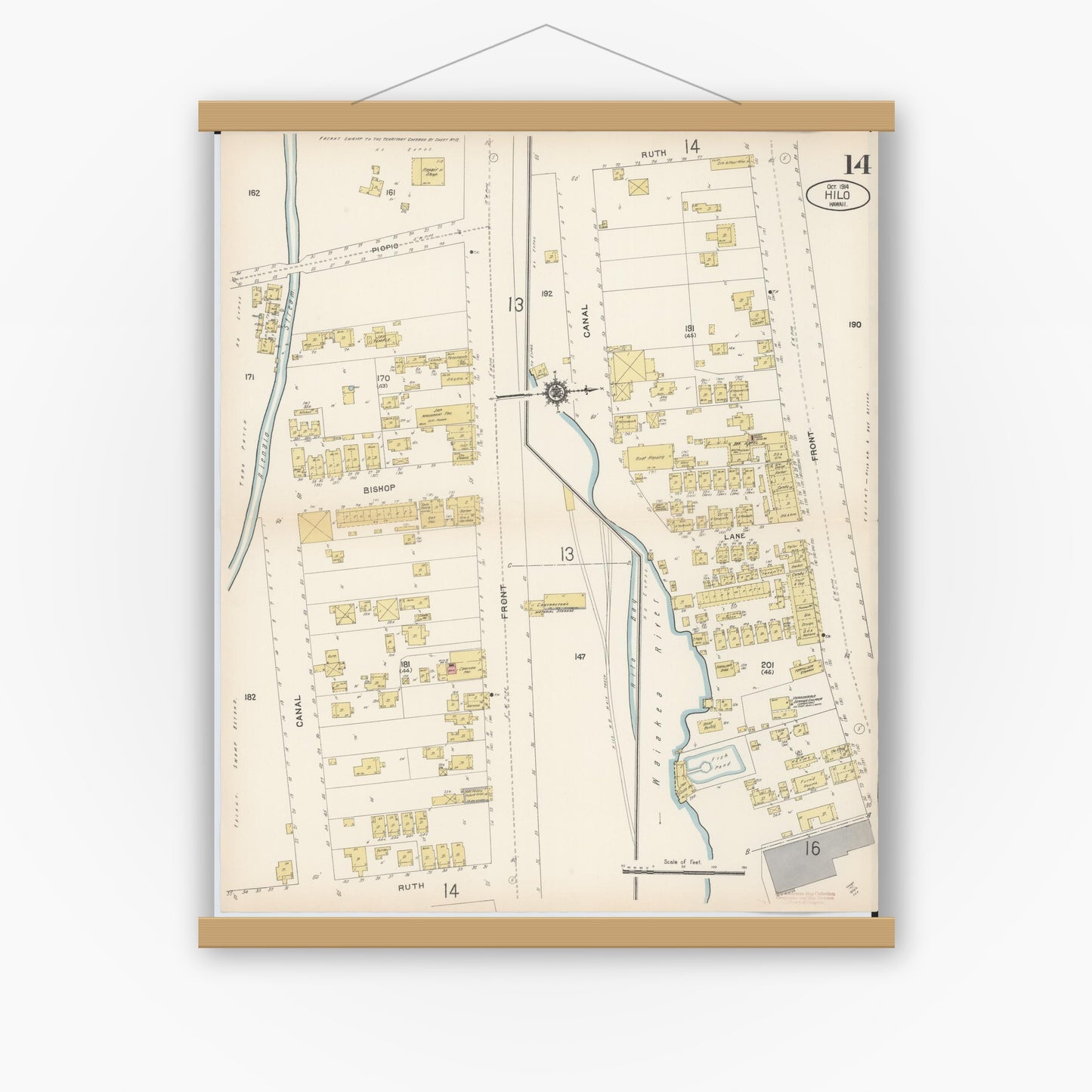 Old map wall art mockup — magnetic wood frame on white wall — Sanborn Fire Insurance Map from Hilo, Hawaii County, Hawaii (1914), Sheet #0014