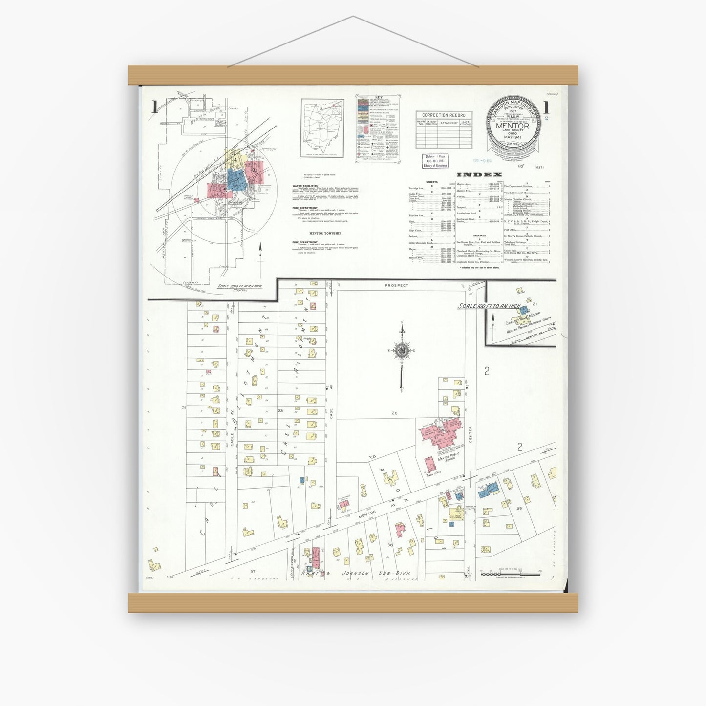 Old map wall art mockup — magnetic wood frame on white wall — Sanborn Fire Insurance Map from Mentor, Lake County, Ohio (1941) - Complete Map Set