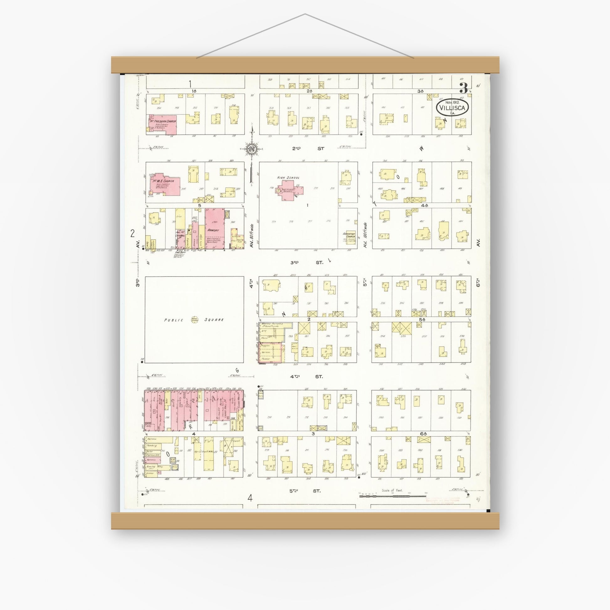 Old map wall art mockup — magnetic wood frame on white wall — Sanborn Fire Insurance Map from Villisca, Montgomery County, Iowa (1912), Sheet #0003