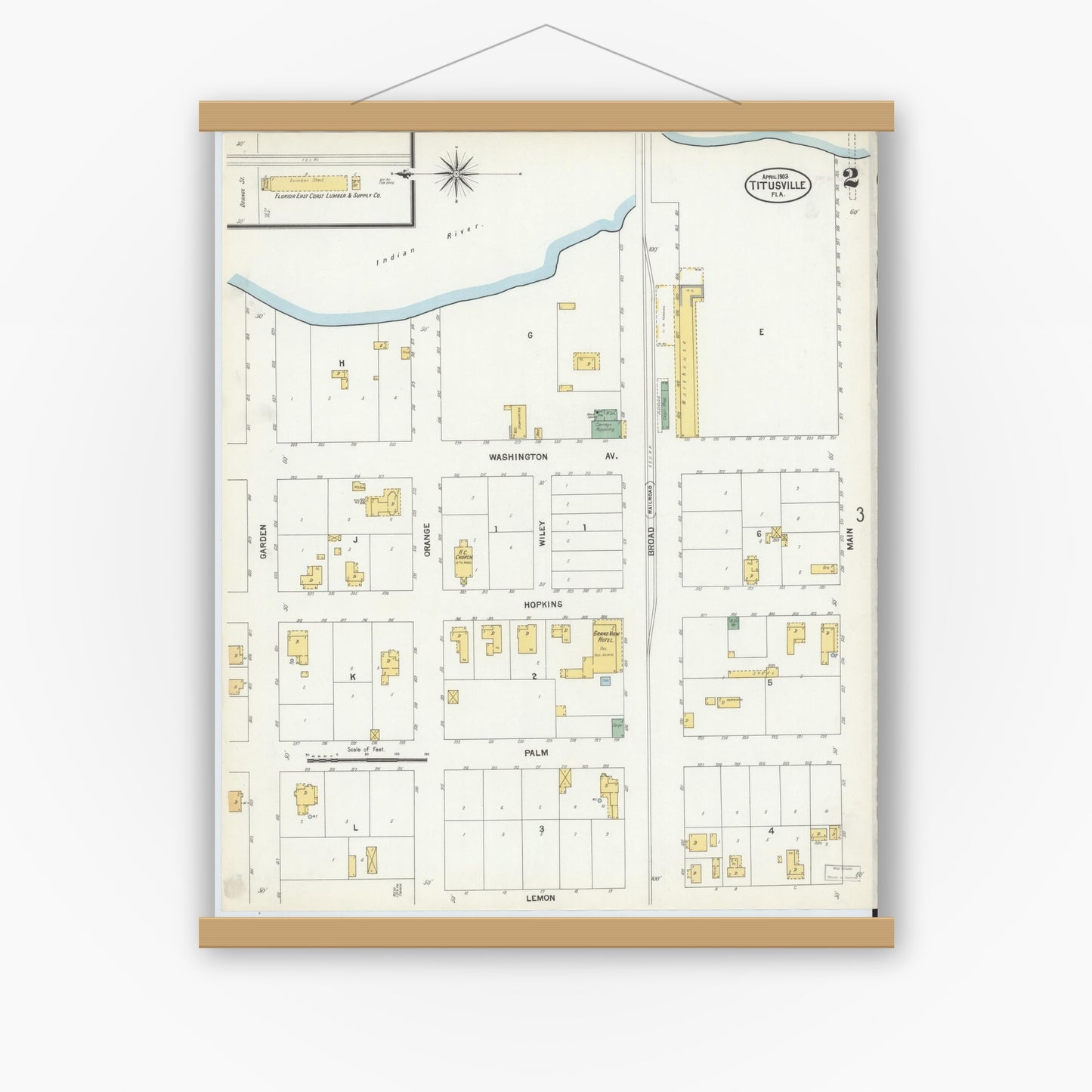 Old map wall art mockup — magnetic wood frame on white wall — Sanborn Fire Insurance Map from Titusville, Brevard County, Florida (1903), Sheet #0002