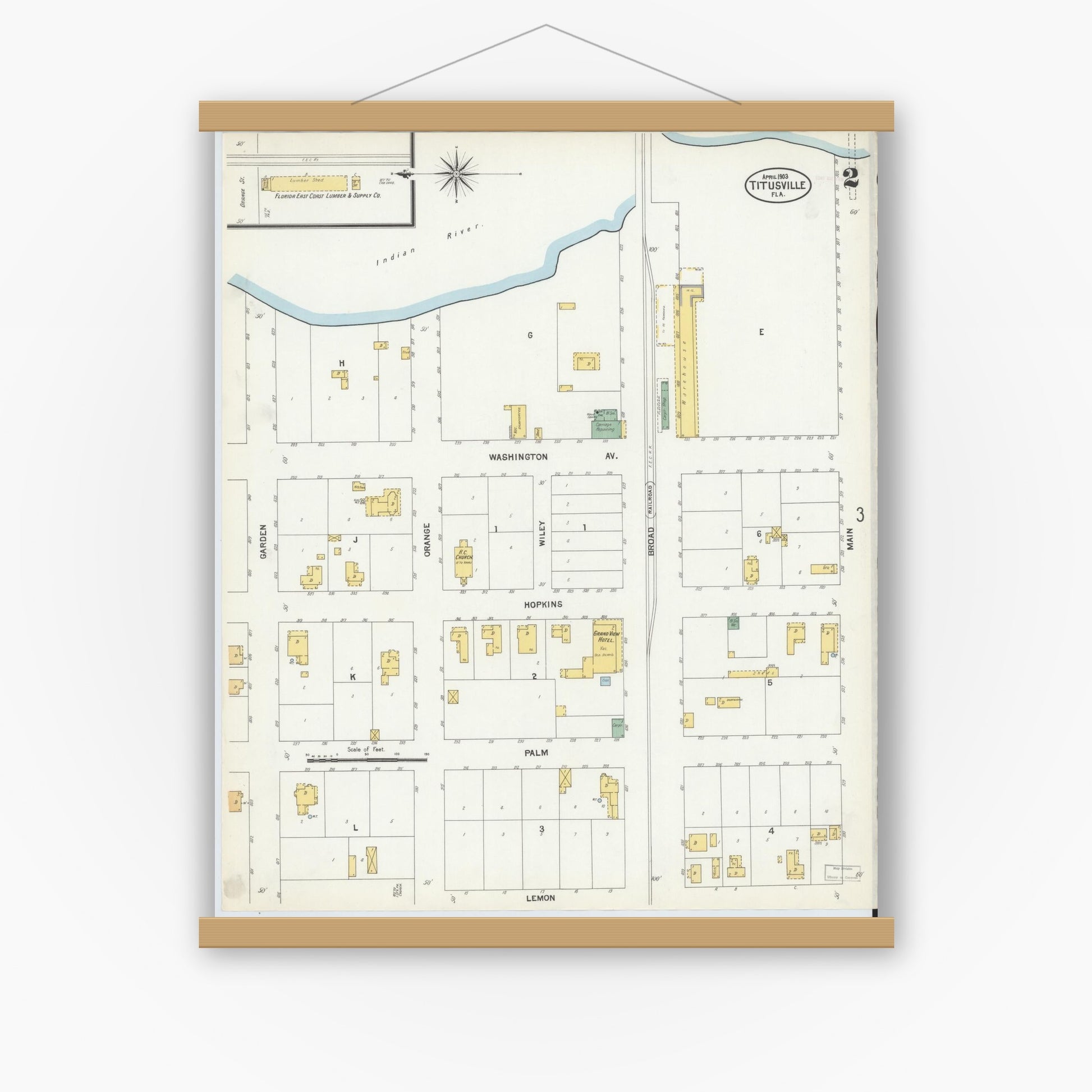 Old map wall art mockup — magnetic wood frame on white wall — Sanborn Fire Insurance Map from Titusville, Brevard County, Florida (1903), Sheet #0002