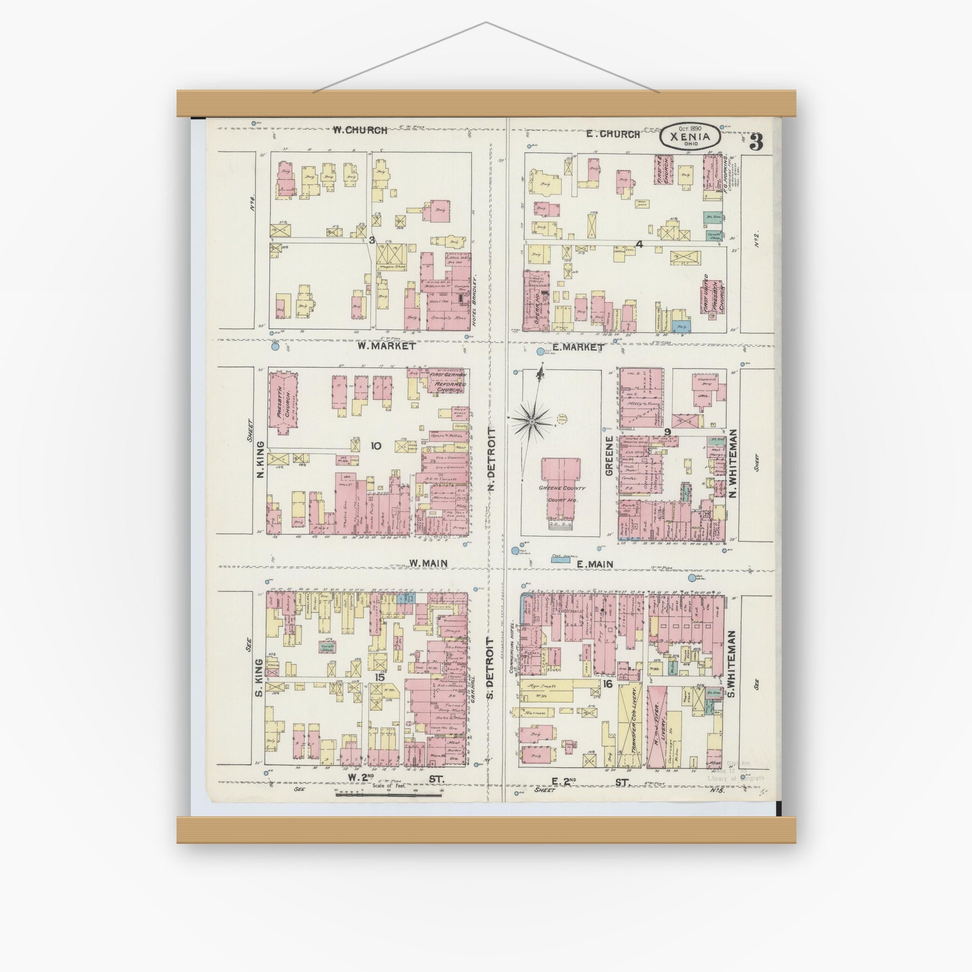 Old map wall art mockup — magnetic wood frame on white wall — Sanborn Fire Insurance Map from Xenia, Greene County, Ohio (1890), Sheet #0003