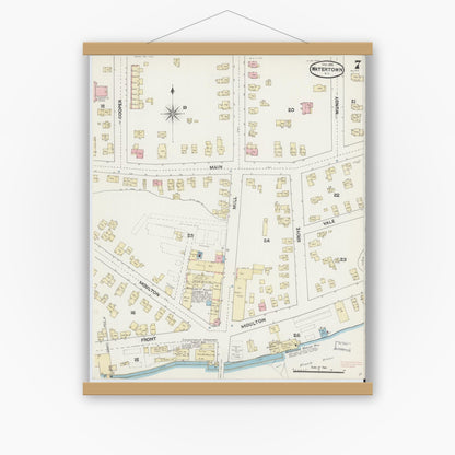 Old map wall art mockup — magnetic wood frame on white wall — Sanborn Fire Insurance Map from Watertown, Jefferson County, New York (1890), Sheet #0007