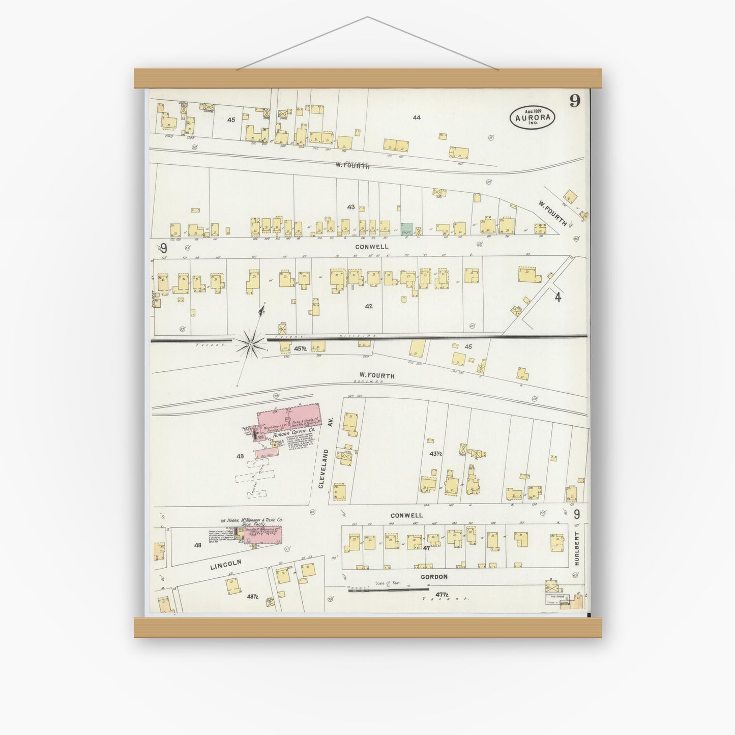 Old map wall art mockup — magnetic wood frame on white wall — Sanborn Fire Insurance Map from Aurora, Dearborn County, Indiana (1897), Sheet #0009