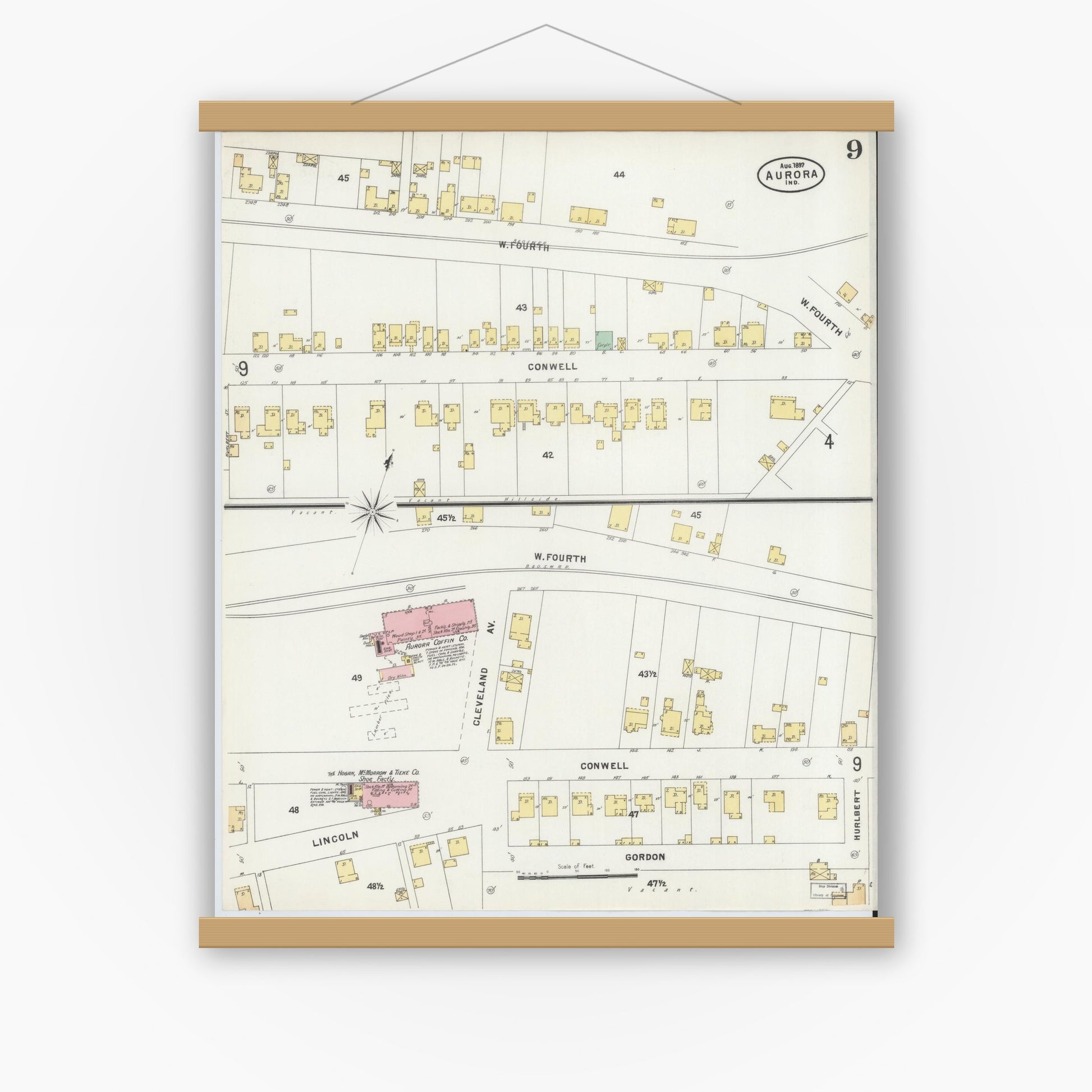 Old map wall art mockup — magnetic wood frame on white wall — Sanborn Fire Insurance Map from Aurora, Dearborn County, Indiana (1897), Sheet #0009