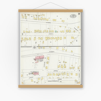 Old map wall art mockup — magnetic wood frame on white wall — Sanborn Fire Insurance Map from Aurora, Dearborn County, Indiana (1897), Sheet #0009