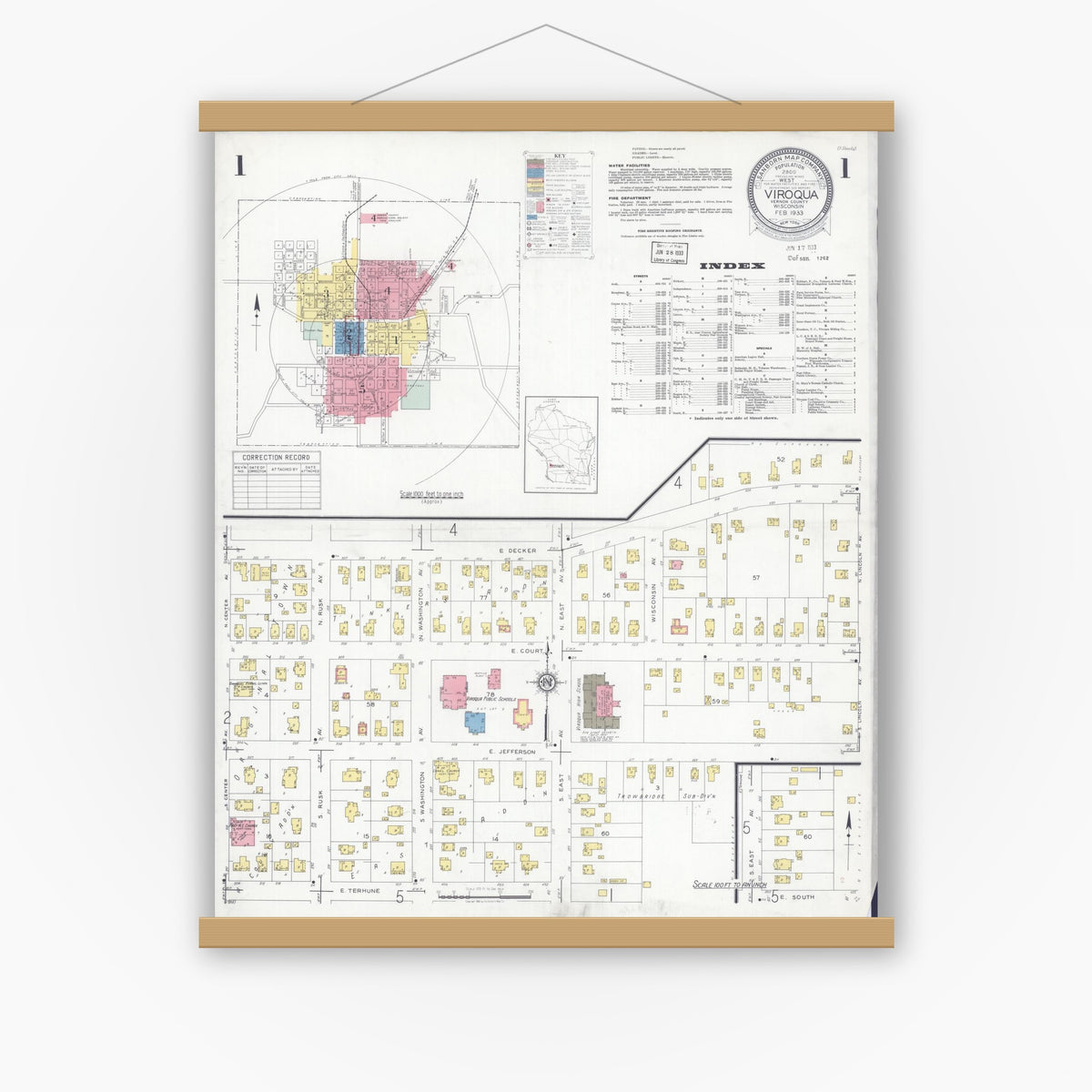 Old map wall art mockup — magnetic wood frame on white wall — Sanborn Fire Insurance Map from Viroqua, Vernon County, Wisconsin (1933) - Complete Map Set