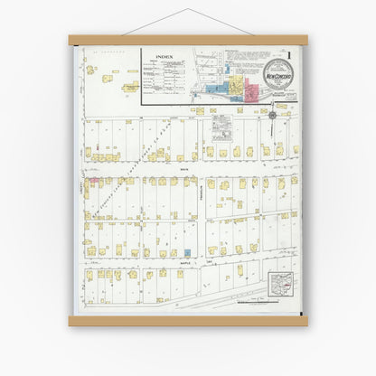 Old map wall art mockup — magnetic wood frame on white wall — Sanborn Fire Insurance Map from New Concord, Muskingum County, Ohio (1918) - Complete Map Set