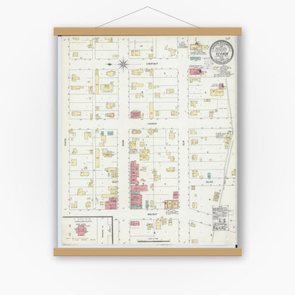 Old map wall art mockup — magnetic wood frame on white wall — Sanborn Fire Insurance Map from Vernon, Shiawassee County, Michigan (1902), Sheet #0001
