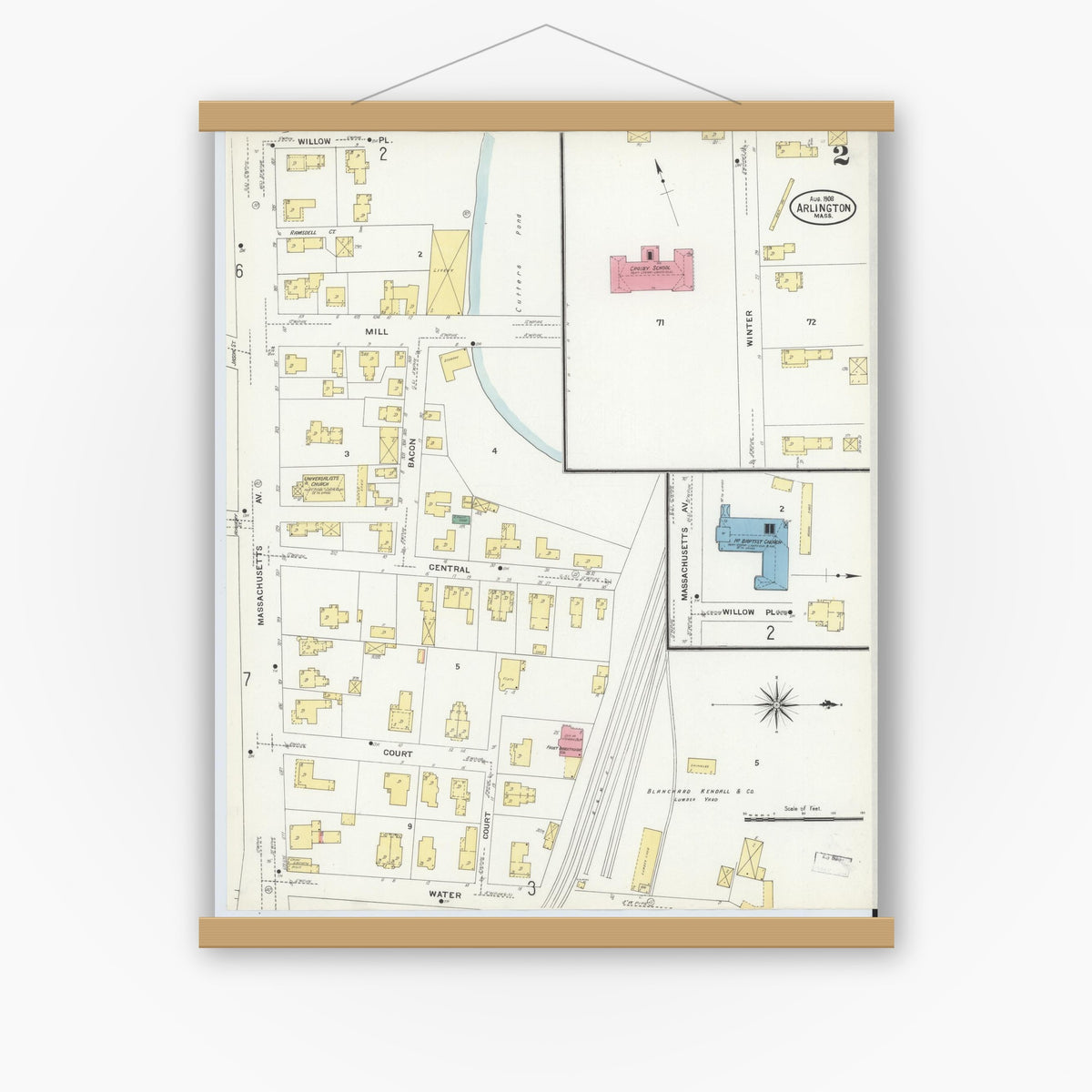 Old map wall art mockup — magnetic wood frame on white wall — Sanborn Fire Insurance Map from Arlington, Middlesex County, Massachusetts (1908), Sheet #0002