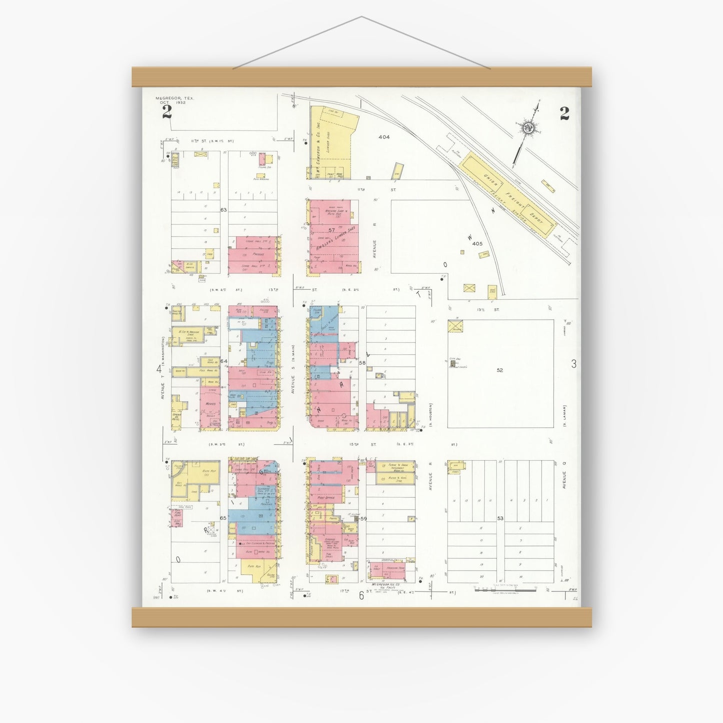 Old map wall art mockup — magnetic wood frame on white wall — Sanborn Fire Insurance Map from McGregor, McLennan County, Texas (1932), Sheet #0002