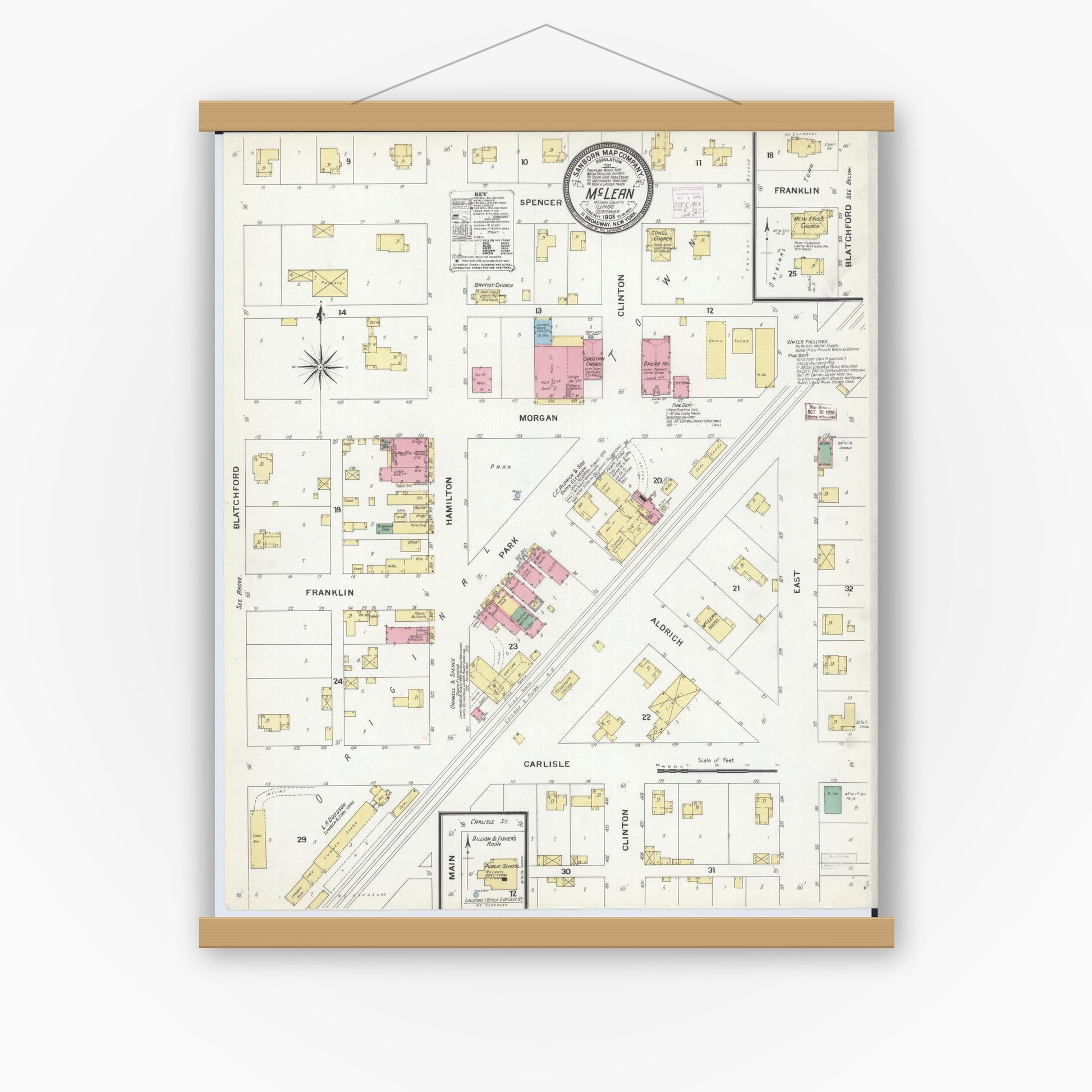 Old map wall art mockup — magnetic wood frame on white wall — Sanborn Fire Insurance Map from Mclean, McLean County, Illinois (1908), Sheet #0001