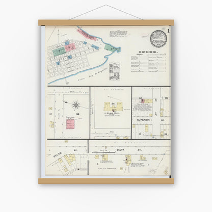 Old map wall art mockup — magnetic wood frame on white wall — Sanborn Fire Insurance Map from Gladstone, Delta County, Michigan (1890) - Complete Map Set
