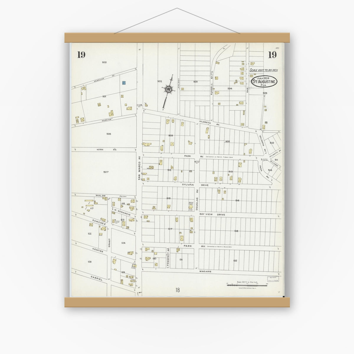 Old map wall art mockup — magnetic wood frame on white wall — Sanborn Fire Insurance Map from Saint Augustine, Saint John's County, Florida (1924), Sheet #0019