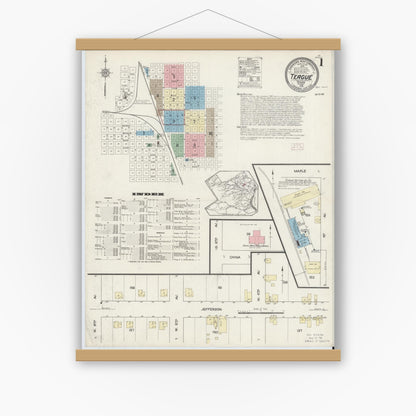 Old map wall art mockup — magnetic wood frame on white wall — Sanborn Fire Insurance Map from Teague, Freestone County, Texas (1914), Sheet #0001