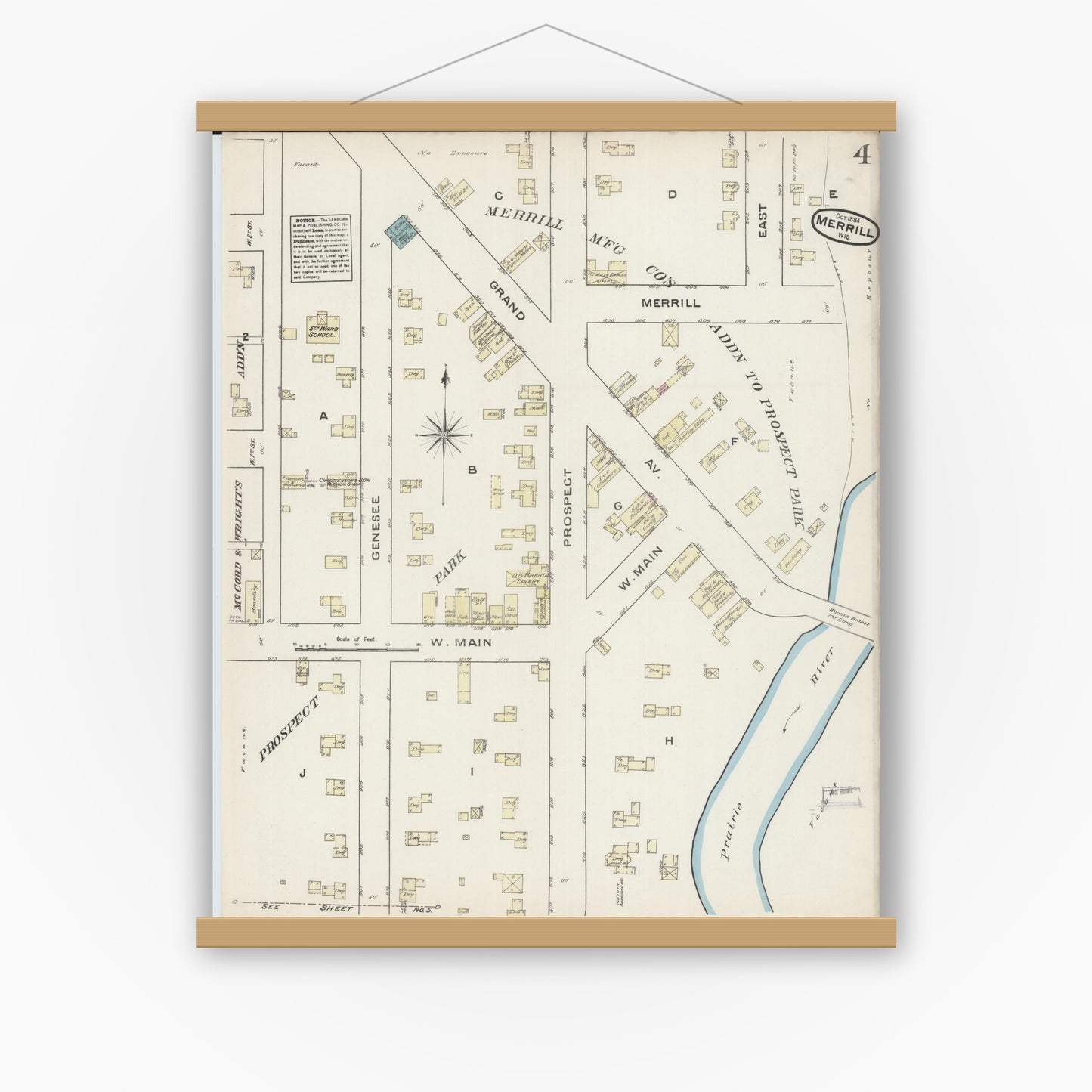 Old map wall art mockup — magnetic wood frame on white wall — Sanborn Fire Insurance Map from Merrill, Lincoln County, Wisconsin (1884), Sheet #0004